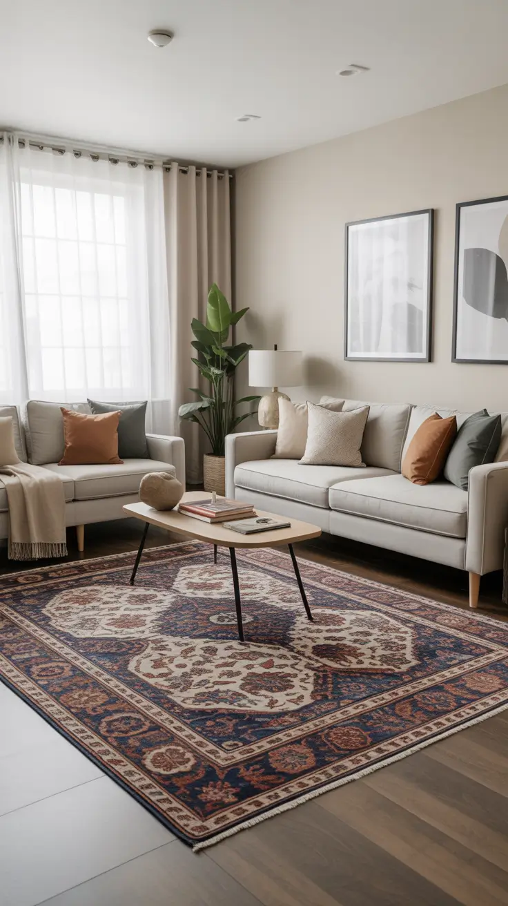 Living Room Carpet Ideas 2026: Area Rugs, Modern Colors & Cozy Styles